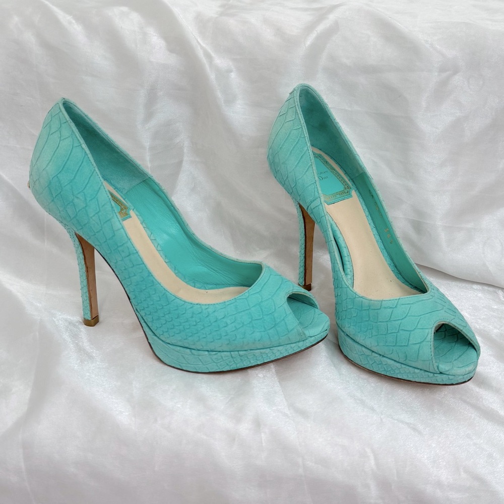 Dior Turquoise Python Embossed Leather Peep-Toe Pumps